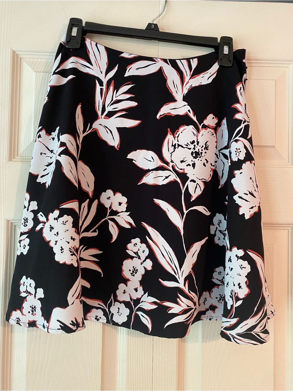White House Black Market Black Floral Circle Skirt with White and Pink Accents